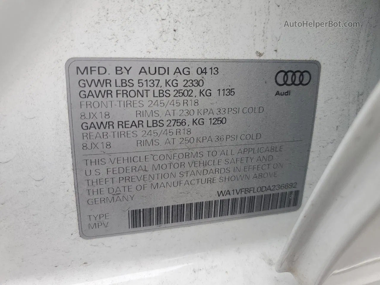 2013 Audi A4 Allroad Prestige White vin: WA1VFBFL0DA236692