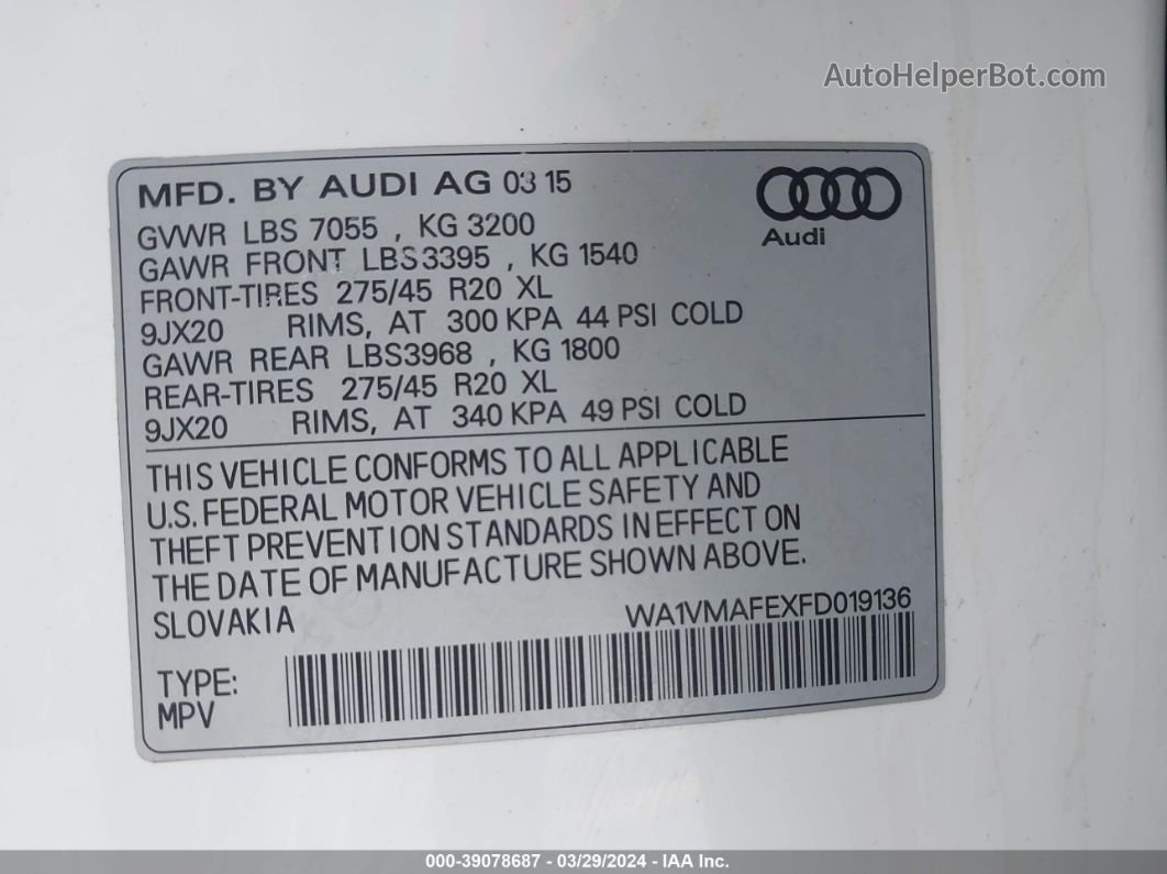 2015 Audi Q7 3.0 Tdi Premium White vin: WA1VMAFEXFD019136