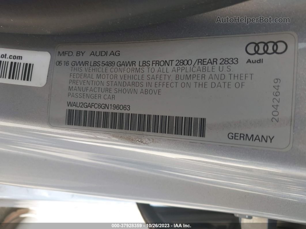 2016 Audi A7 3.0t Premium Plus Серебряный vin: WAU2GAFC6GN196063