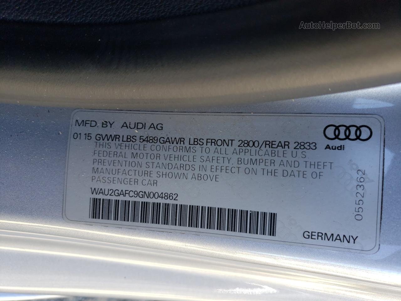 2016 Audi A7 Prestige Silver vin: WAU2GAFC9GN004862