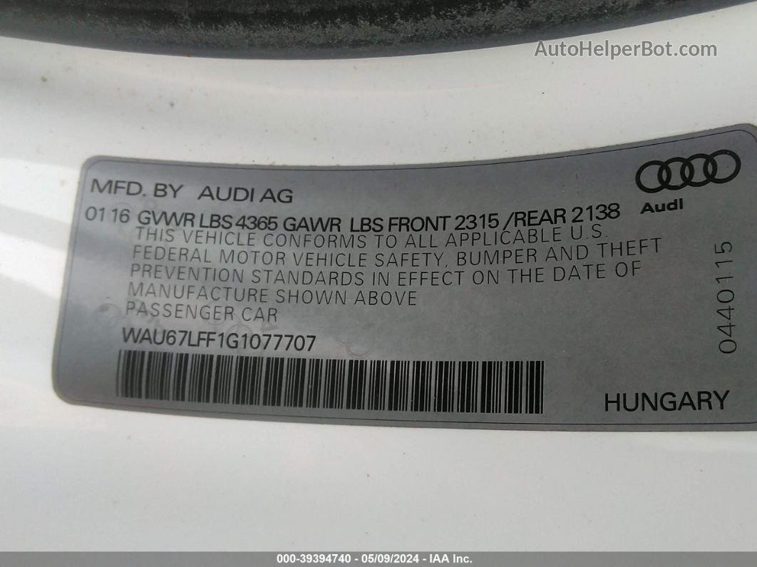 2016 Audi A3 1.8t Premium White vin: WAU67LFF1G1077707