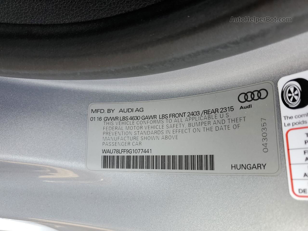 2016 Audi A3 Premium Silver vin: WAU78LFF9G1077441