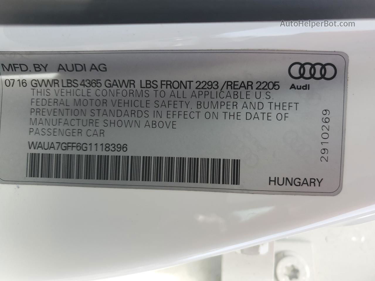 2016 Audi A3 Premium White vin: WAUA7GFF6G1118396