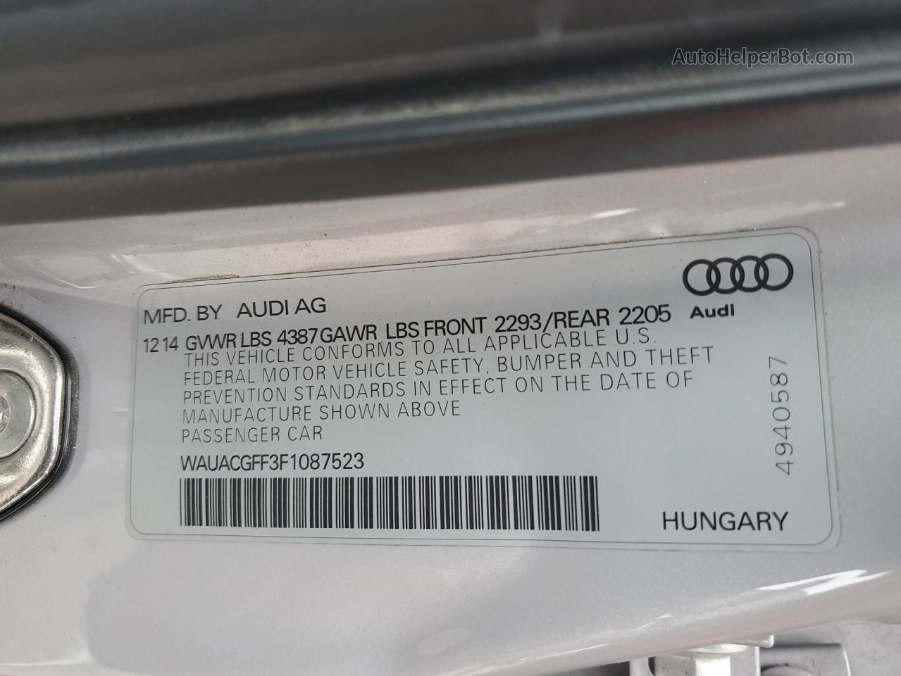 2015 Audi A3 Premium Серебряный vin: WAUACGFF3F1087523