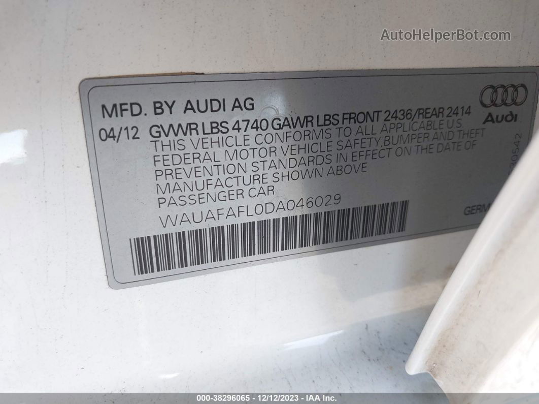 2013 Audi A4 2.0t Premium White vin: WAUAFAFL0DA046029