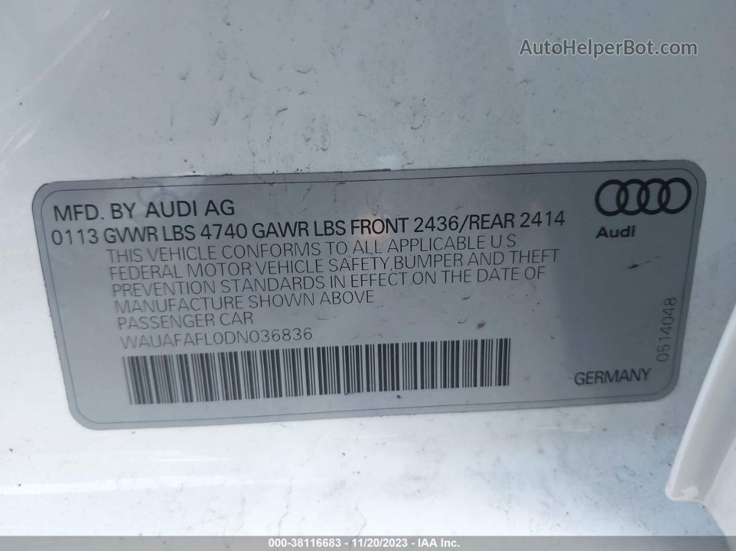 2013 Audi A4 2.0t Premium White vin: WAUAFAFL0DN036836