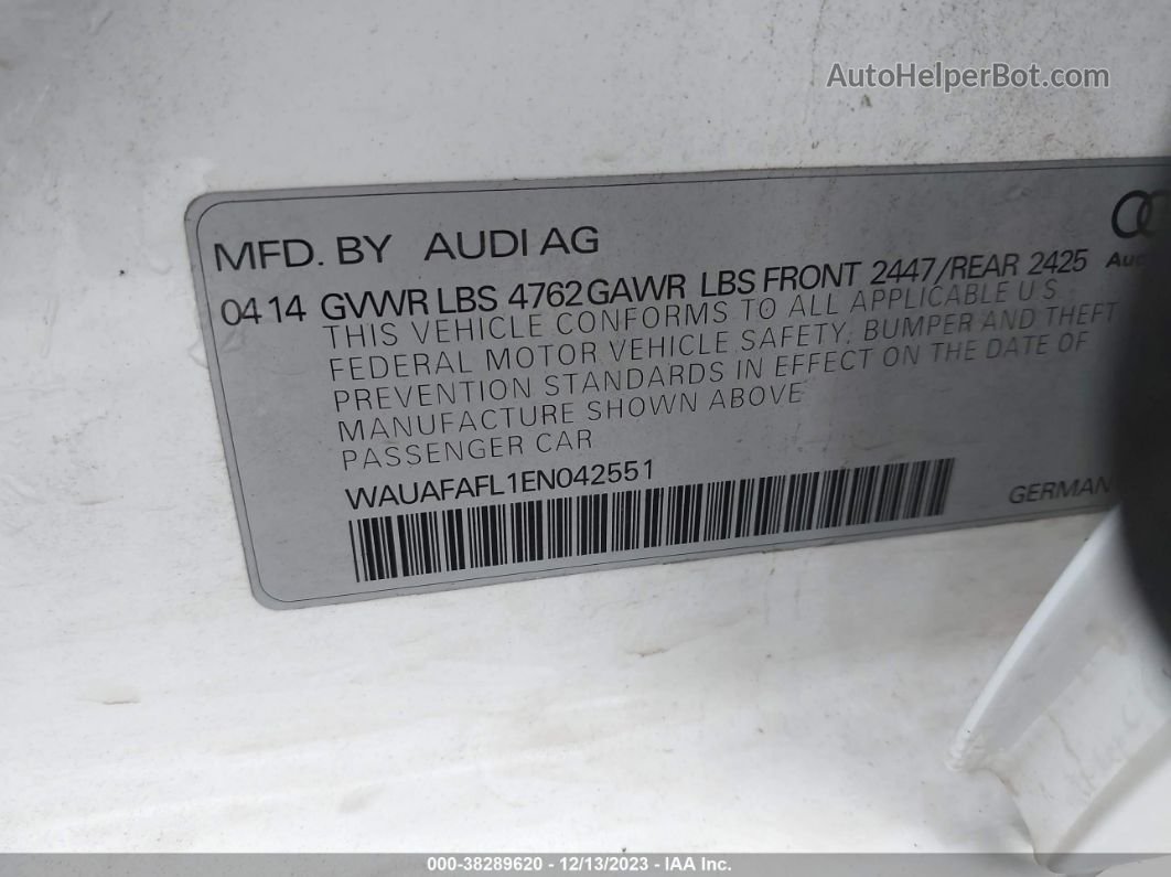 2014 Audi A4 2.0t Premium White vin: WAUAFAFL1EN042551