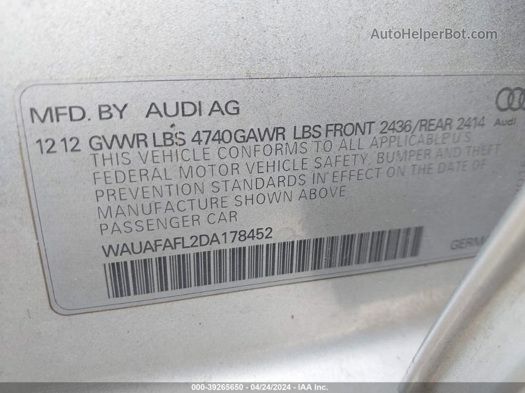 2013 Audi A4 2.0t Premium Серебряный vin: WAUAFAFL2DA178452
