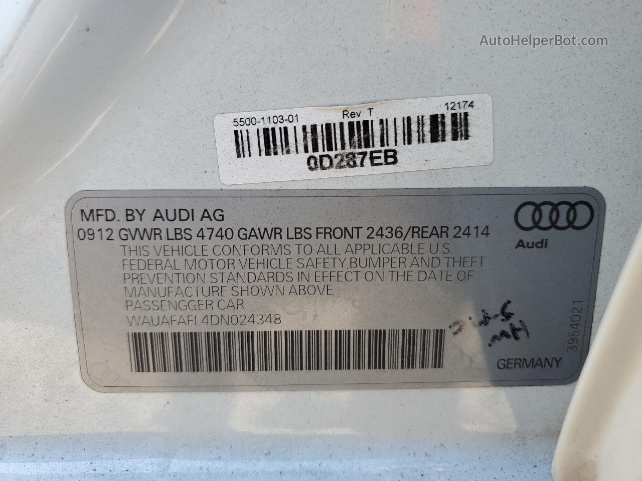 2013 Audi A4 Premium Белый vin: WAUAFAFL4DN024348