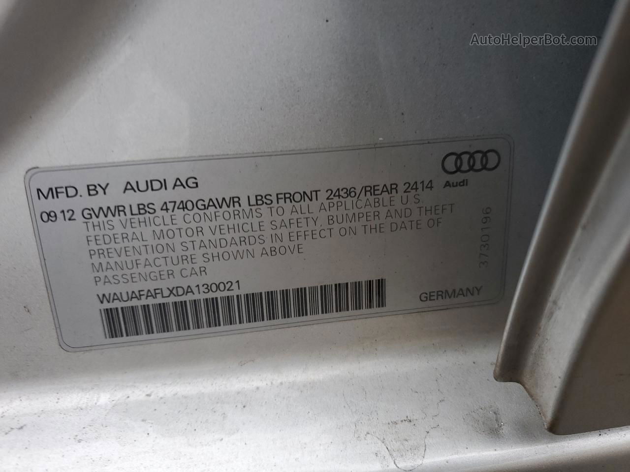2013 Audi A4 Premium Silver vin: WAUAFAFLXDA130021