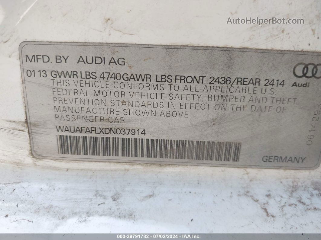 2013 Audi A4 2.0t Premium White vin: WAUAFAFLXDN037914