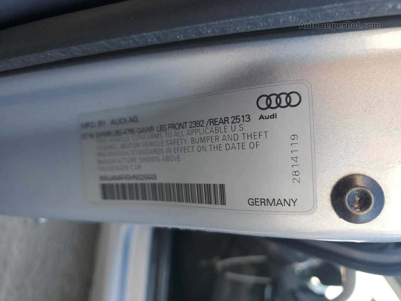 2017 Audi A4 Premium Silver vin: WAUANAF45HN026448