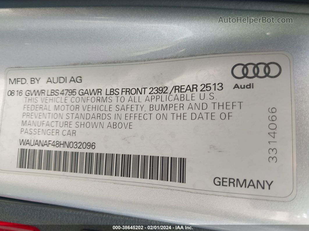 2017 Audi A4 2.0t Premium Silver vin: WAUANAF48HN032096