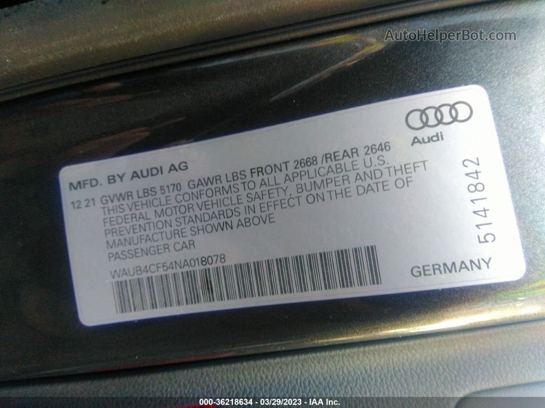 2022 Audi S5 Sportback Prestige Tfsi Quattro Tiptronic Gray vin: WAUB4CF54NA018078