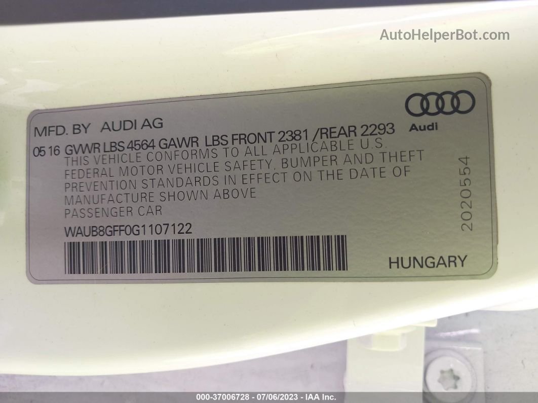 2016 Audi A3 2.0t Premium White vin: WAUB8GFF0G1107122