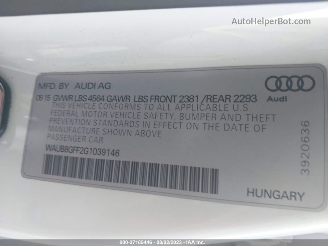 2016 Audi A3 2.0t Premium Белый vin: WAUB8GFF2G1039146