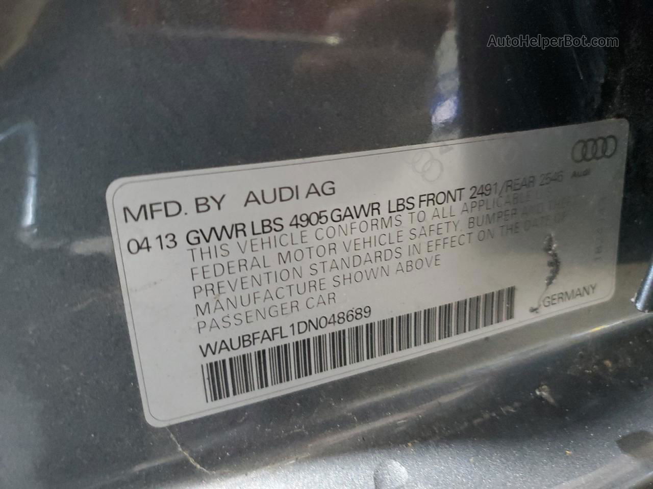 2013 Audi A4 Premium Gray vin: WAUBFAFL1DN048689