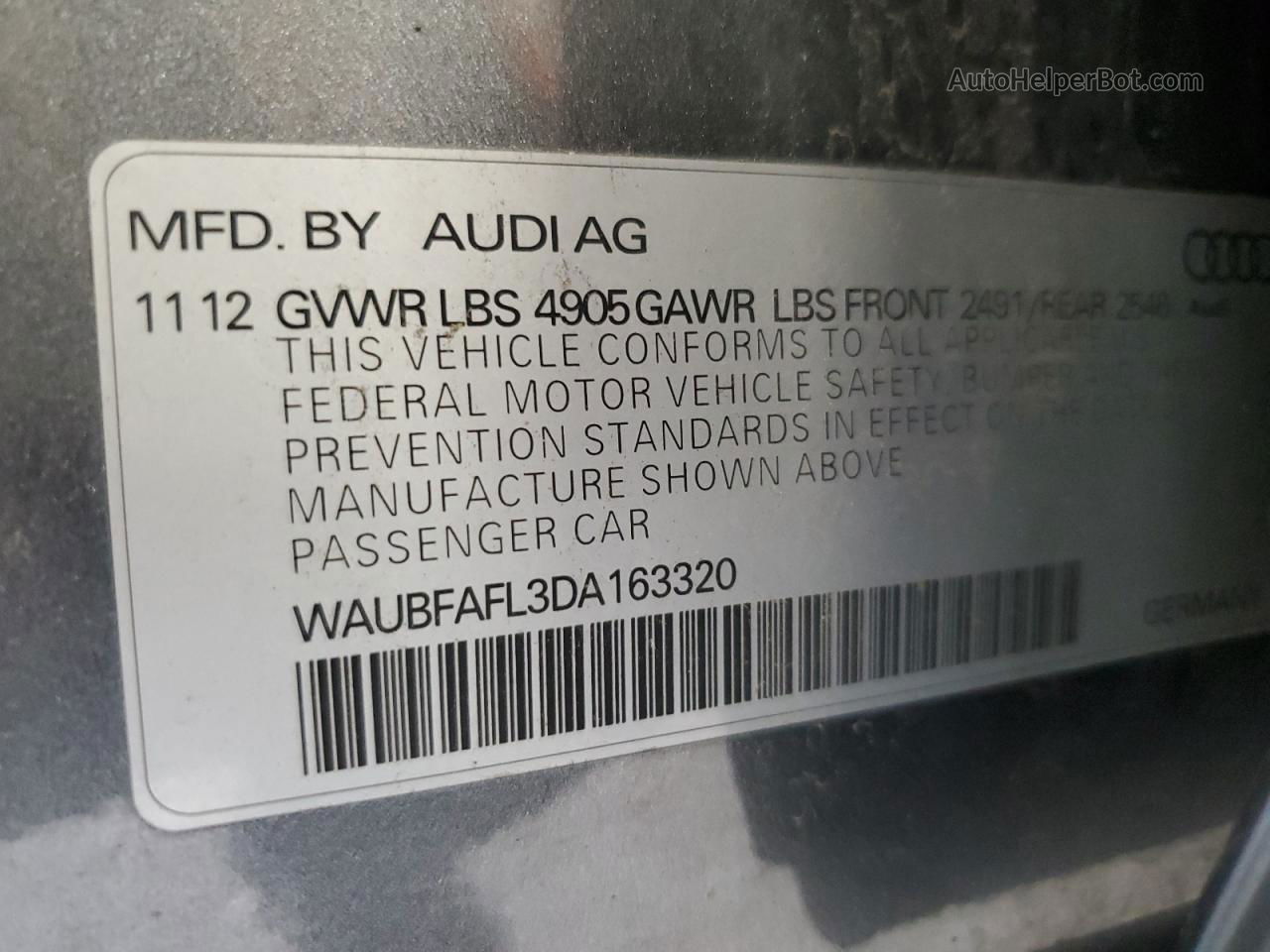 2013 Audi A4 Premium Gray vin: WAUBFAFL3DA163320