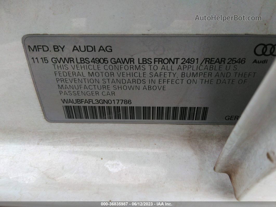 2016 Audi A4 Premium White vin: WAUBFAFL3GN017786