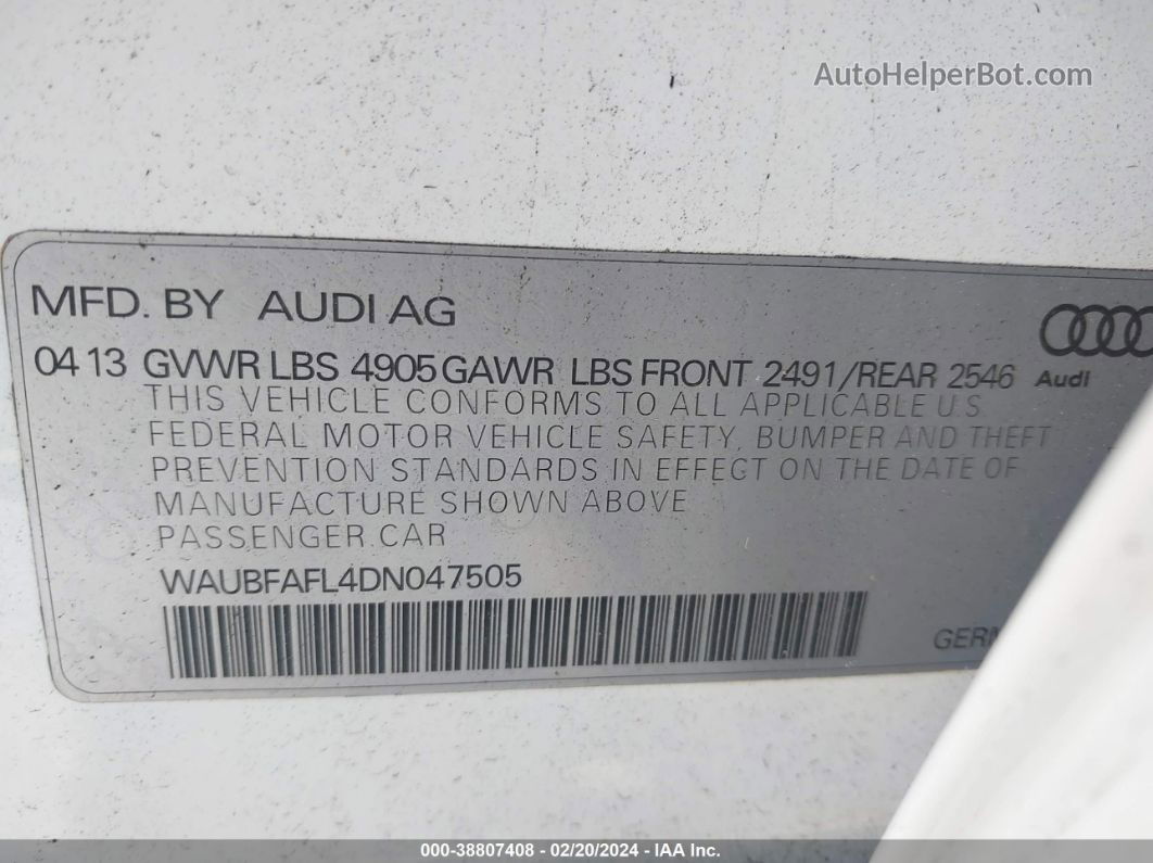 2013 Audi A4 2.0t Premium White vin: WAUBFAFL4DN047505
