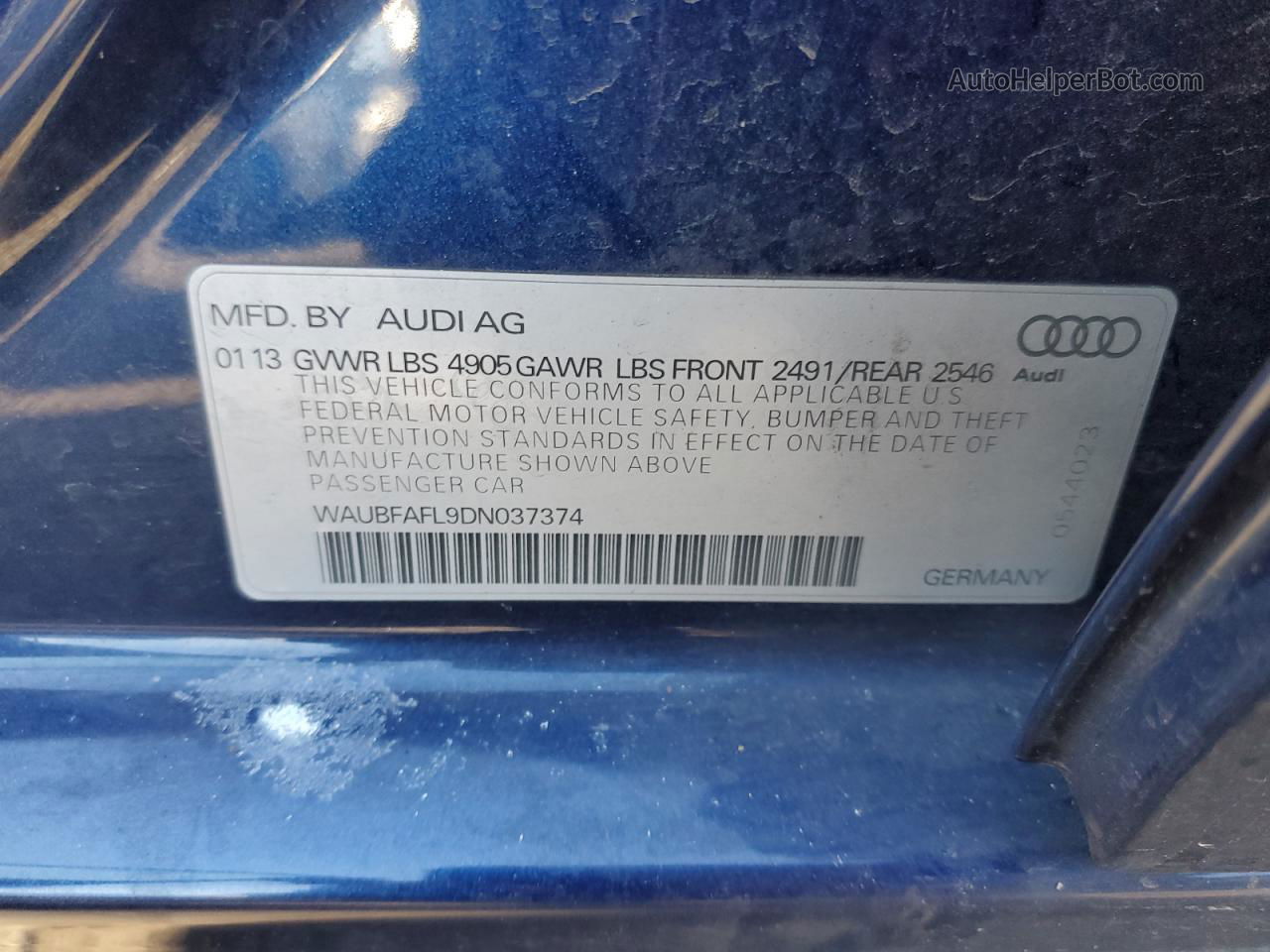 2013 Audi A4 Premium Blue vin: WAUBFAFL9DN037374