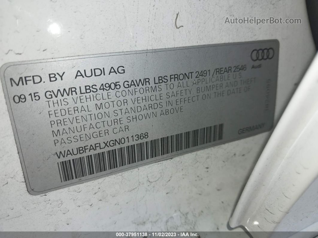 2016 Audi A4 2.0t Premium White vin: WAUBFAFLXGN011368