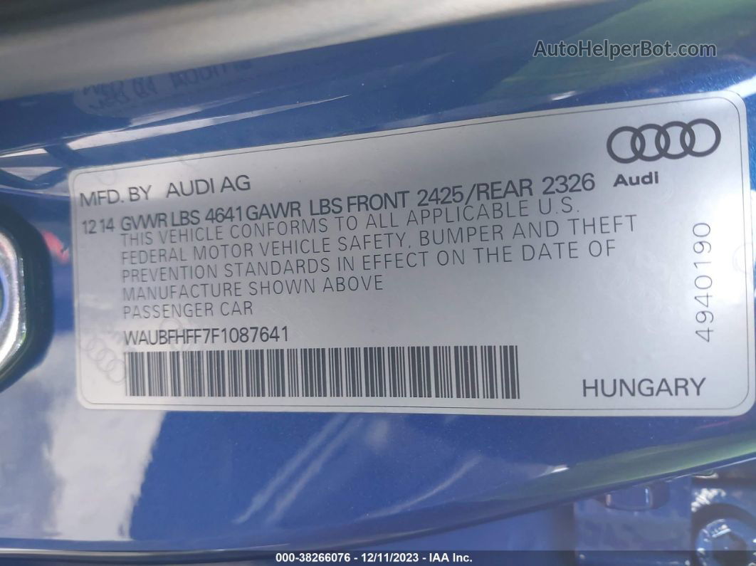 2015 Audi S3 2.0t Premium Plus Blue vin: WAUBFHFF7F1087641