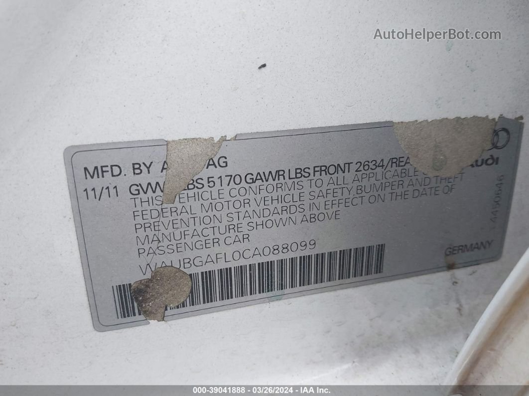 2012 Audi S4 Premium Plus Белый vin: WAUBGAFL0CA088099