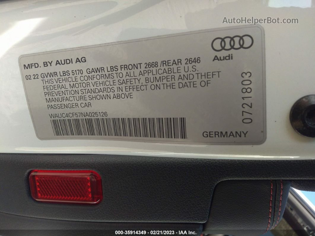 2022 Audi S5 Sportback Premium Plus White vin: WAUC4CF57NA025126