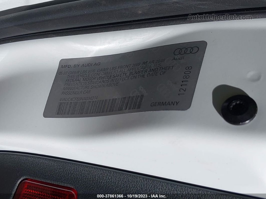 2022 Audi S5 Sportback Premium Plus Tfsi Quattro Tiptronic White vin: WAUC4CF59NA034314