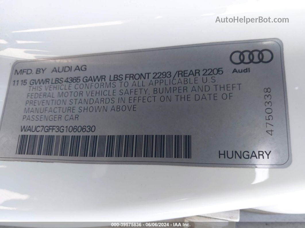 2016 Audi A3 1.8t Premium White vin: WAUC7GFF3G1060630