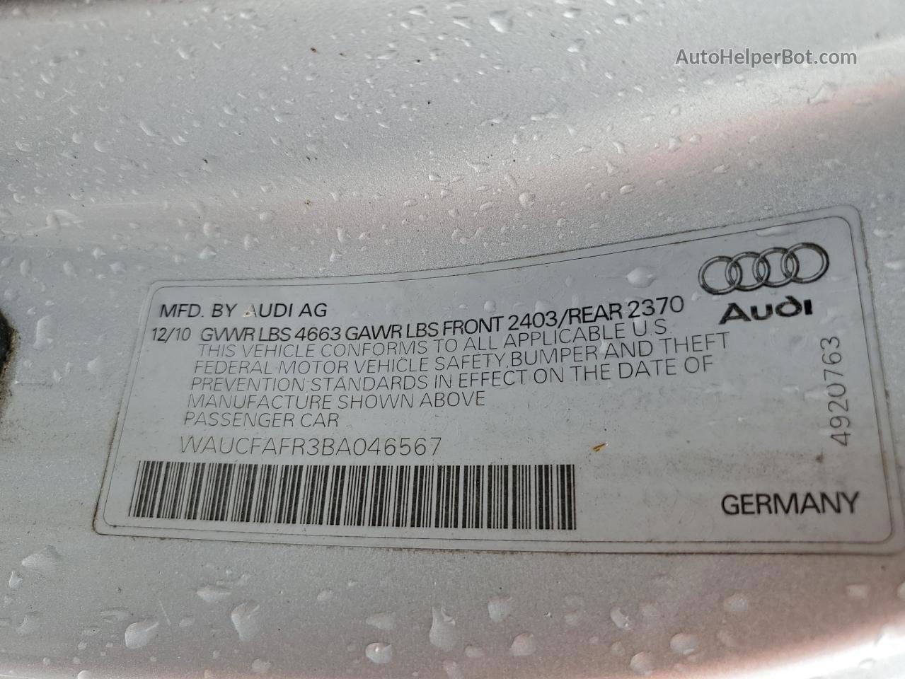 2011 Audi A5 Premium Silver vin: WAUCFAFR3BA046567