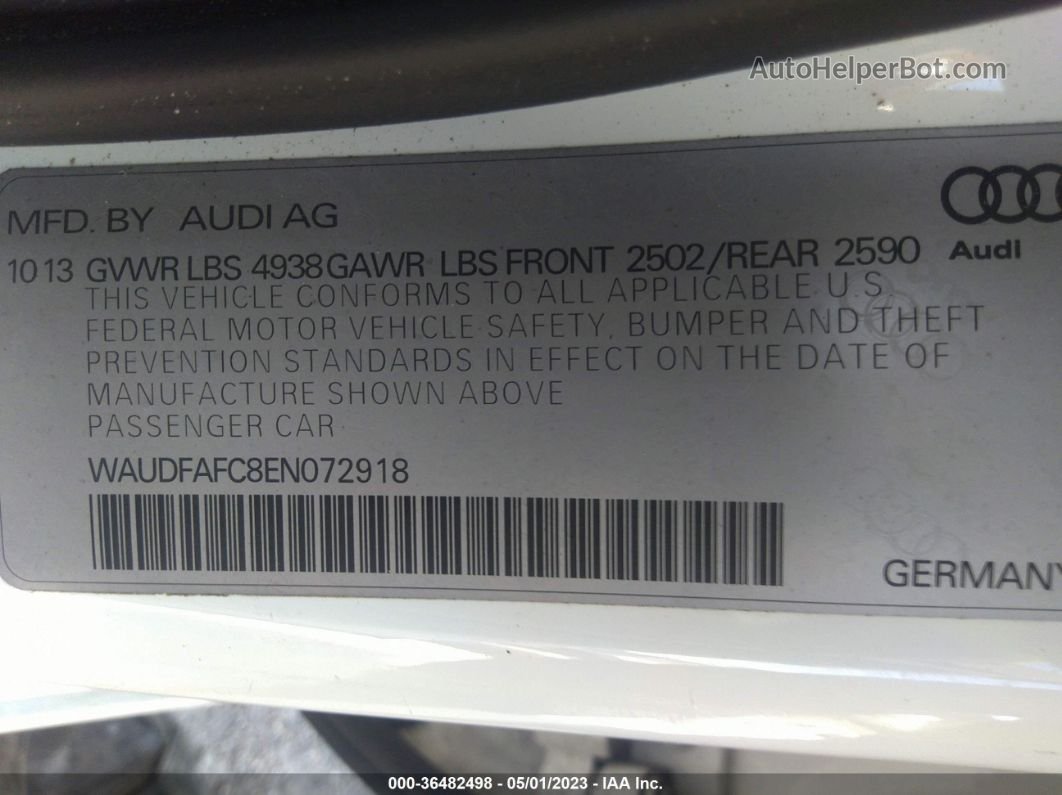 2014 Audi A6 2.0t Premium Plus Белый vin: WAUDFAFC8EN072918