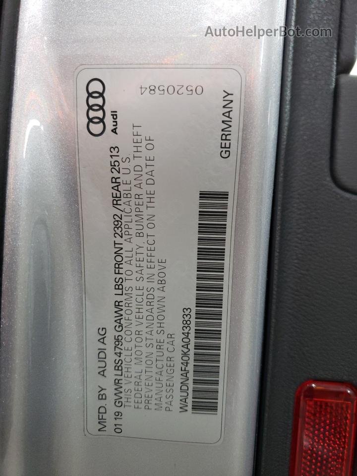 2019 Audi A4 Premium Серебряный vin: WAUDNAF40KA043833