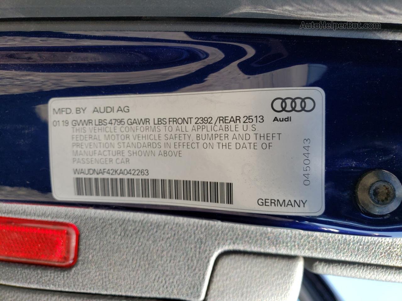 2019 Audi A4 Premium Blue vin: WAUDNAF42KA042263