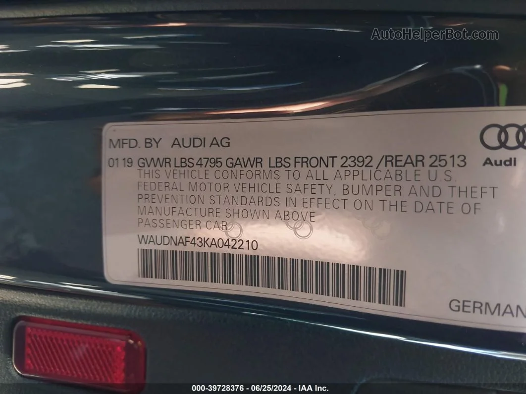 2019 Audi A4 45 Premium Gray vin: WAUDNAF43KA042210