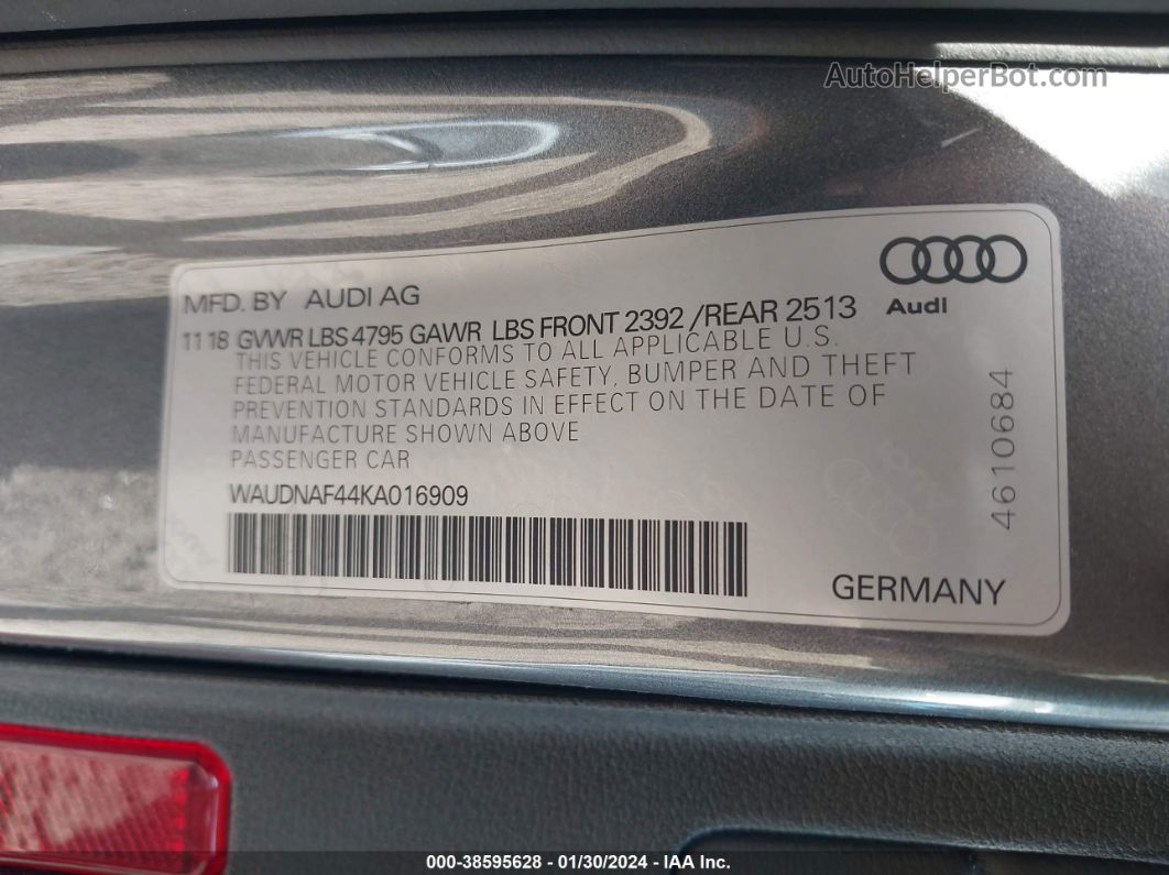 2019 Audi A4 45 Premium Gray vin: WAUDNAF44KA016909