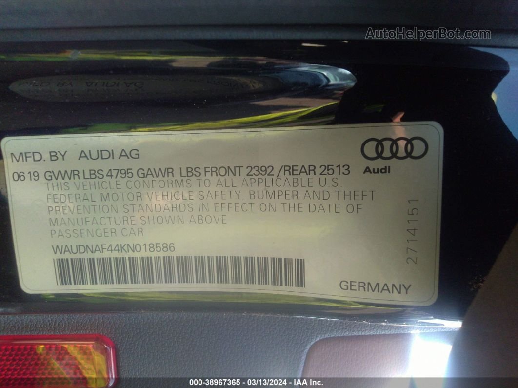 2019 Audi A4 45 Premium Black vin: WAUDNAF44KN018586