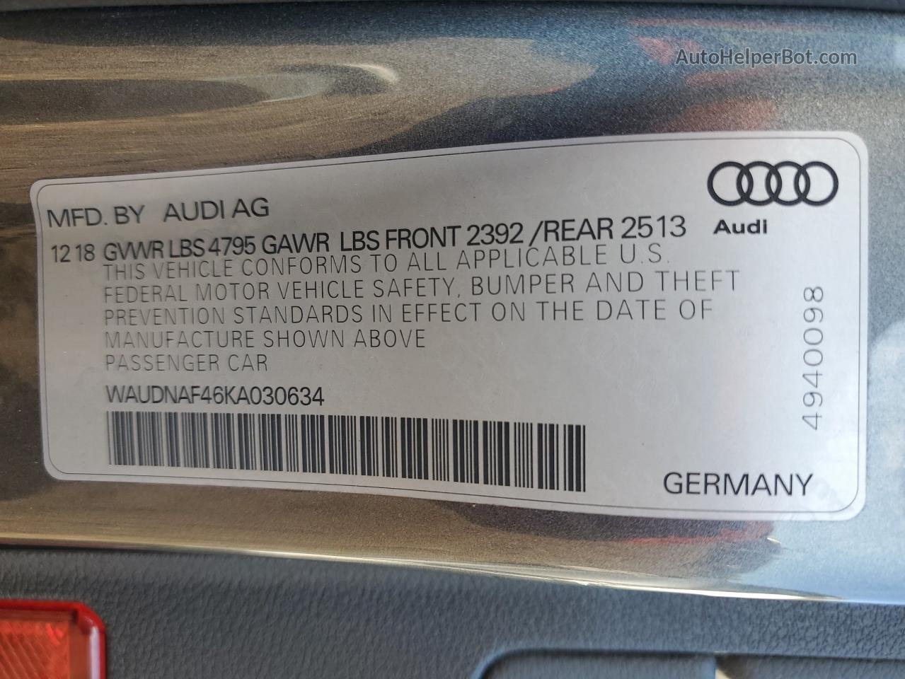 2019 Audi A4 Premium Charcoal vin: WAUDNAF46KA030634