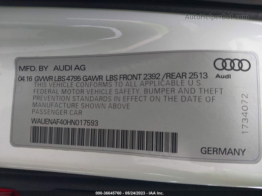 2017 Audi A4 Premium Plus White vin: WAUENAF40HN017593