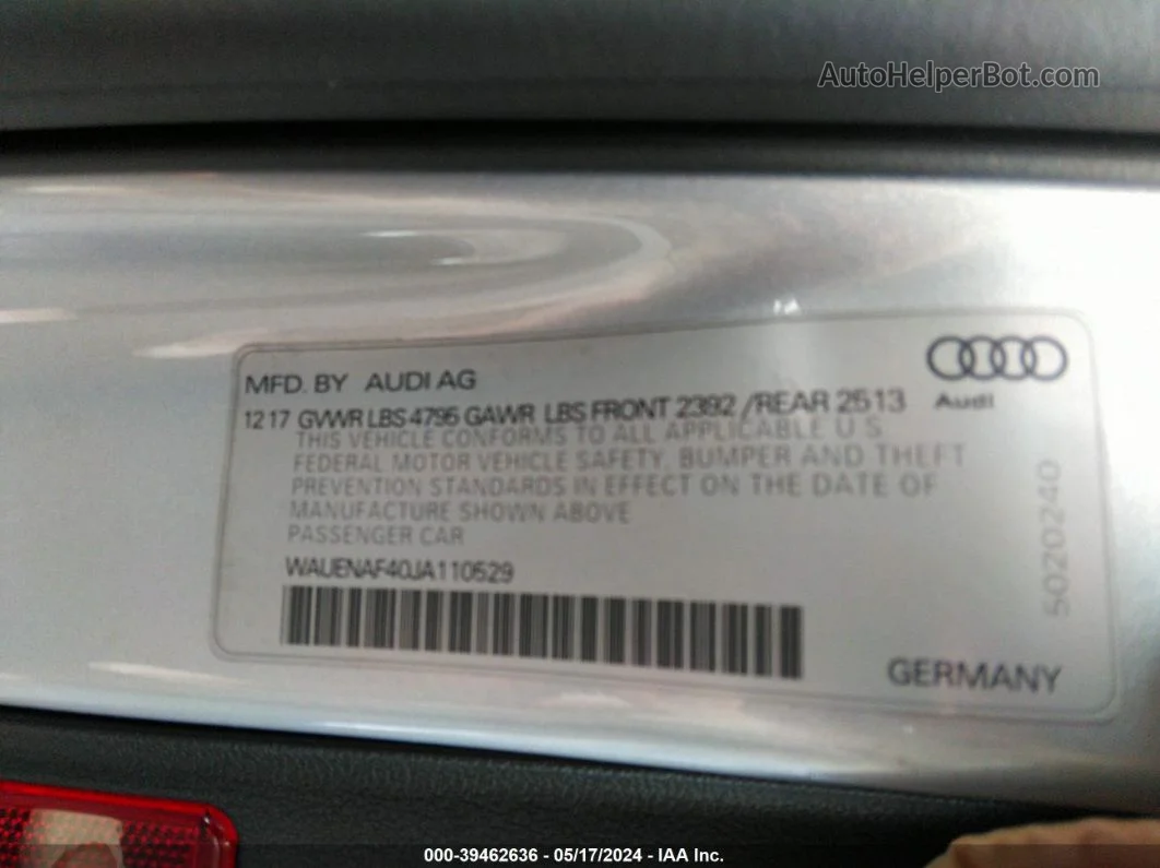 2018 Audi A4 2.0t Qua Prem Plus Silver vin: WAUENAF40JA110529