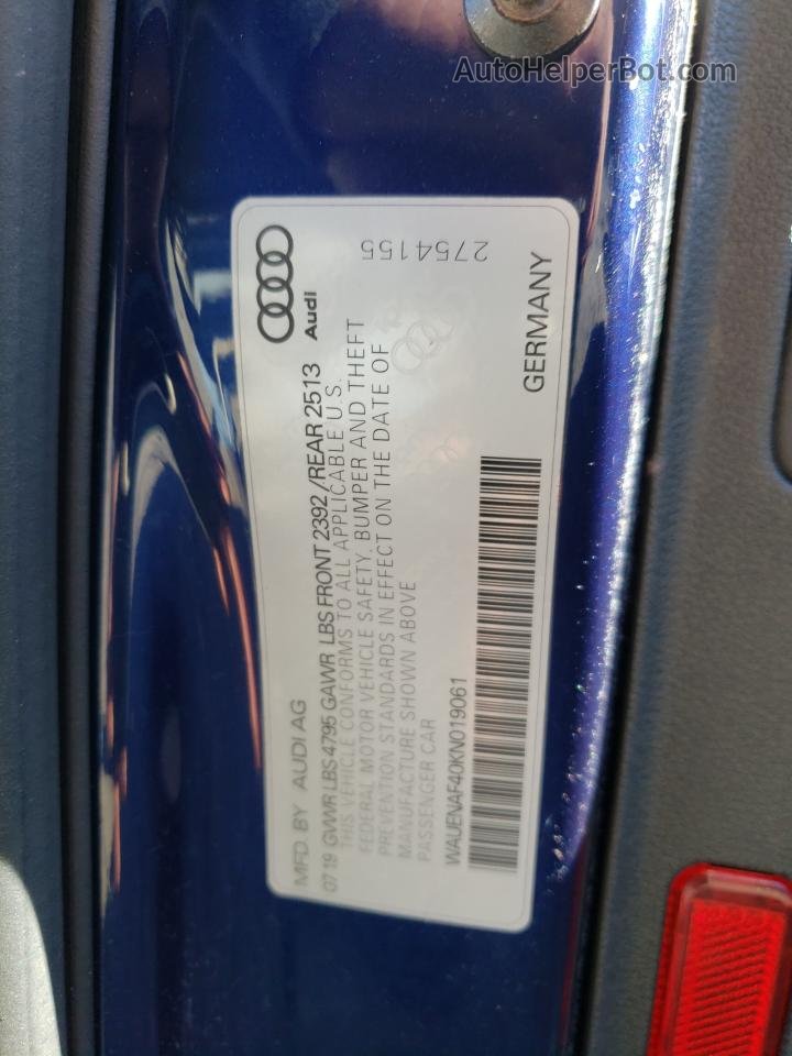 2019 Audi A4 Premium Plus Blue vin: WAUENAF40KN019061