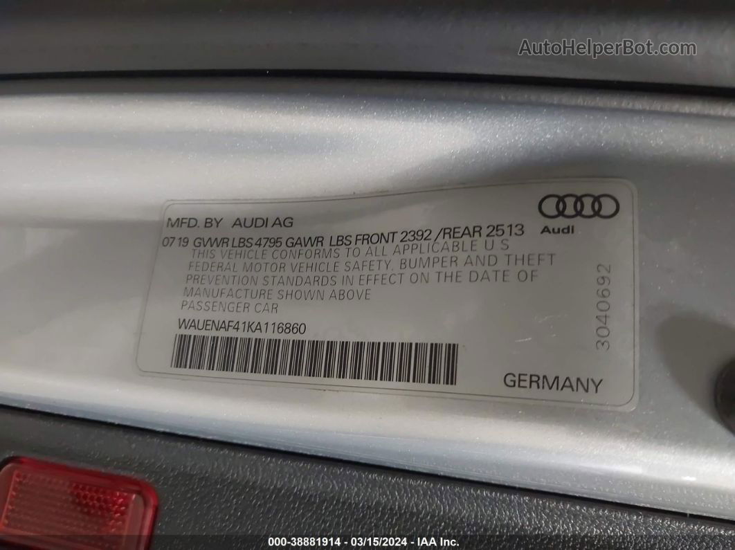 2019 Audi A4 45 Premium Серебряный vin: WAUENAF41KA116860