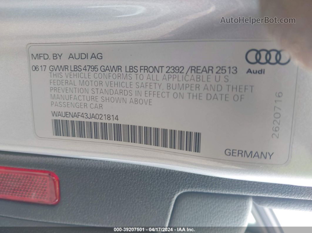 2018 Audi A4 2.0t Premium/2.0t Tech Premium Silver vin: WAUENAF43JA021814