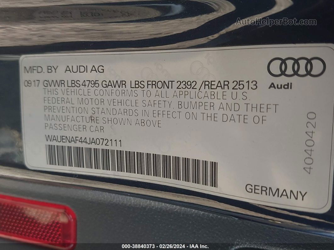 2018 Audi A4 2.0t Premium/2.0t Tech Premium Dark Blue vin: WAUENAF44JA072111