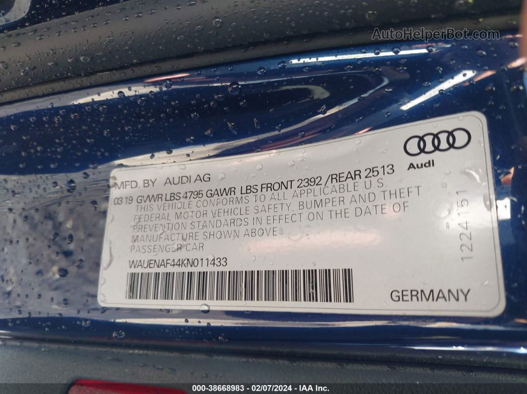 2019 Audi A4 45 Premium Синий vin: WAUENAF44KN011433