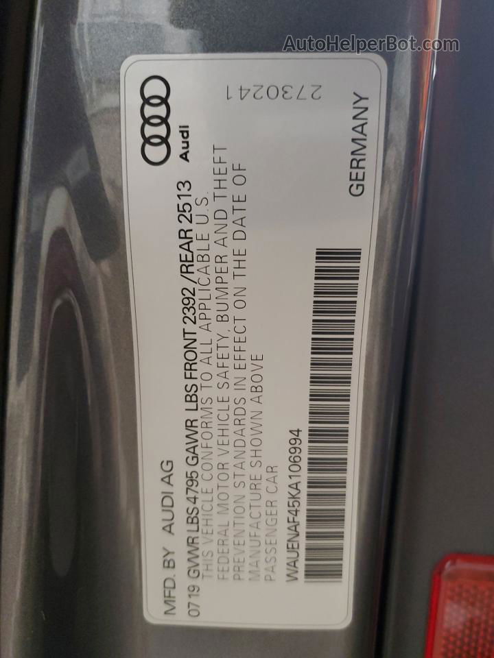 2019 Audi A4 Premium Plus Gray vin: WAUENAF45KA106994