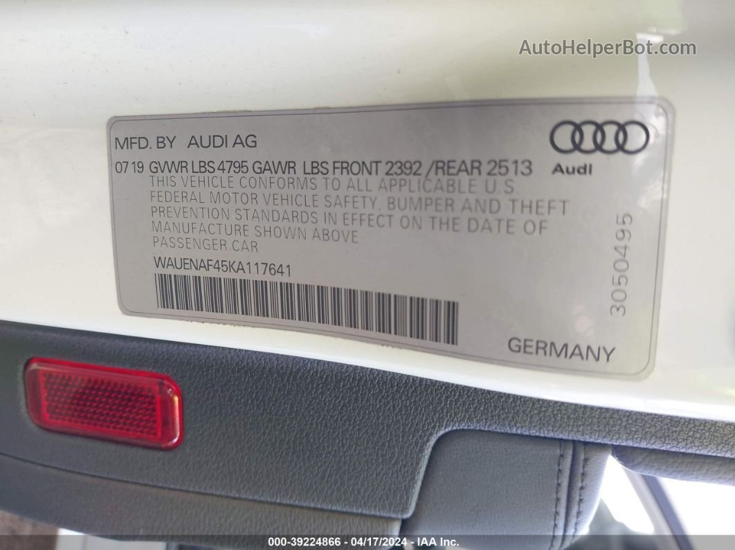 2019 Audi A4 45 Premium White vin: WAUENAF45KA117641