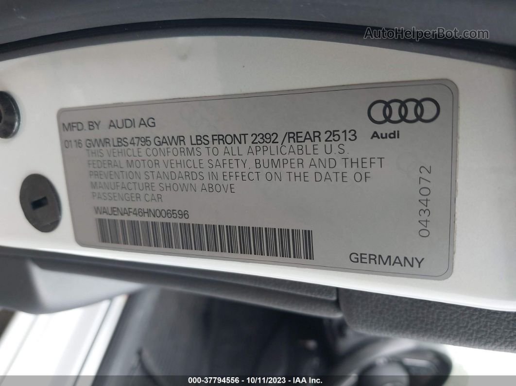 2017 Audi A4 2.0t Premium White vin: WAUENAF46HN006596
