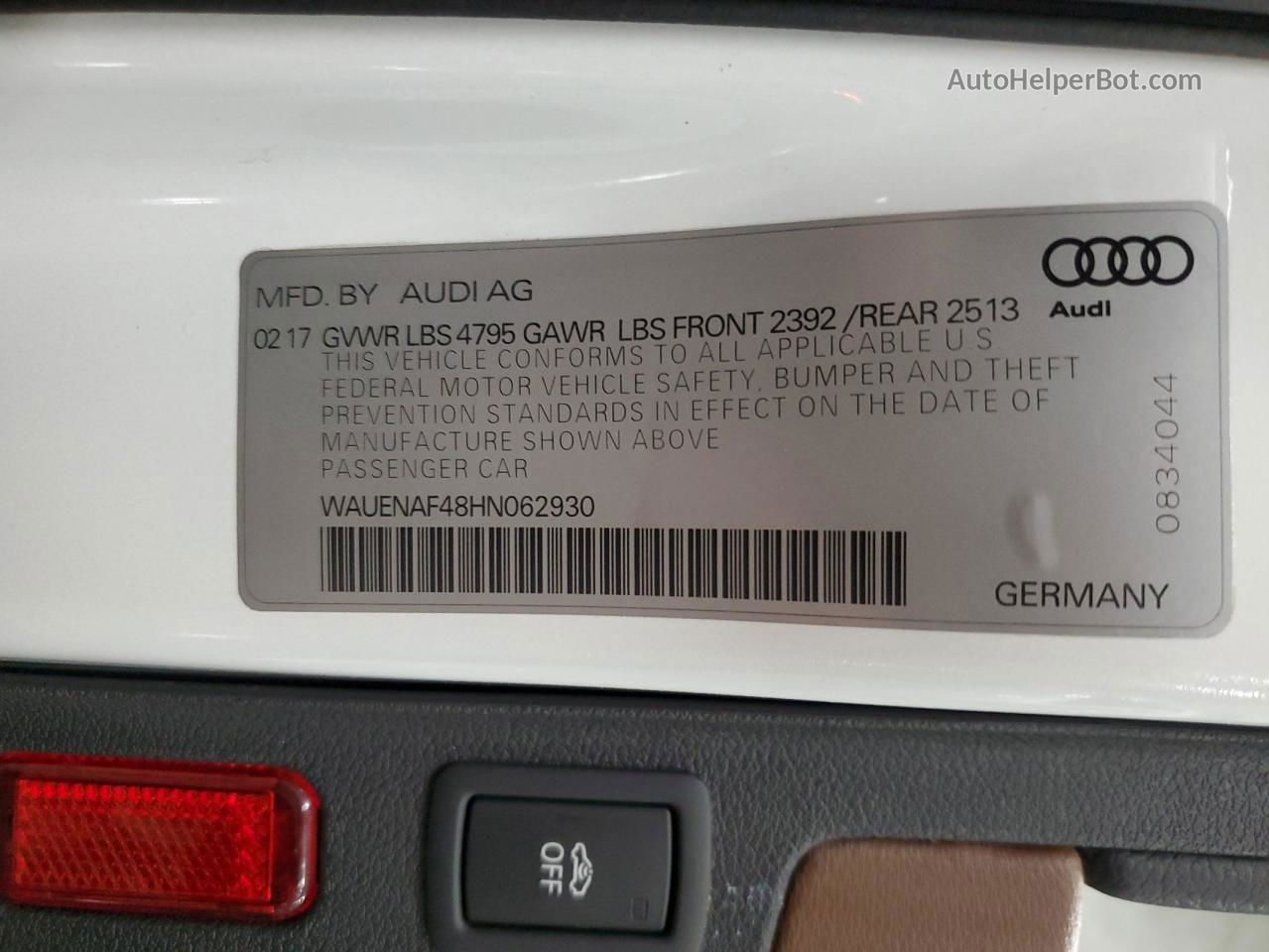 2017 Audi A4 Premium Plus White vin: WAUENAF48HN062930